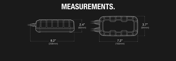 Dimensions diagram of NOCO 10A Battery Charger: 8.2 x 2.4 x 3.7 inches; labeled measurements highlighting compact design.