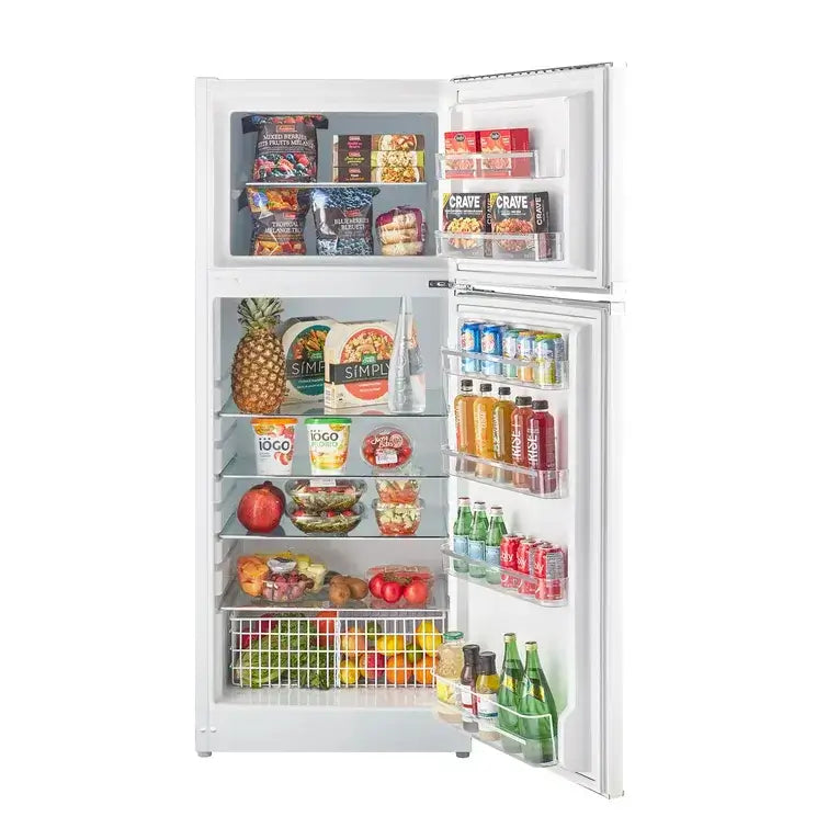 Classic Retro 14.0 cu/ft Solar/DC Fridge open with stocked shelves, featuring a variety of food and drinks inside. Mid-century modern design.