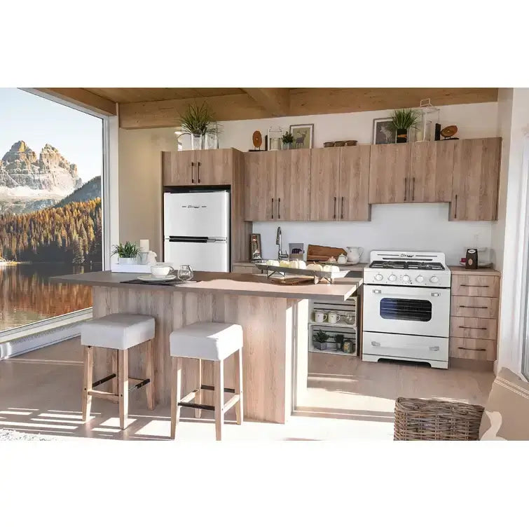 Modern kitchen with Classic Retro 14.0 cu/ft Solar/DC Fridge, wooden cabinets, and scenic window view.