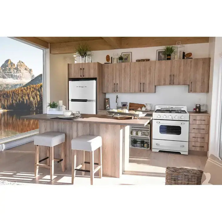 Modern kitchen with Classic Retro 14.0 cu/ft Solar/DC Fridge, wooden cabinets, and scenic window view.