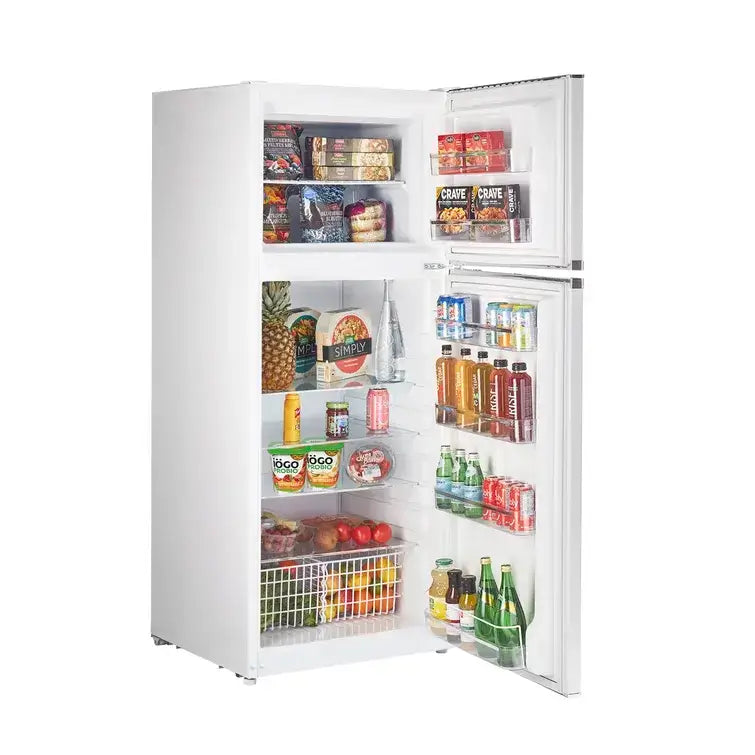 Classic Retro 14.0 cu/ft Solar DC Fridge with open doors showing ample storage for off-grid living, filled with assorted groceries.