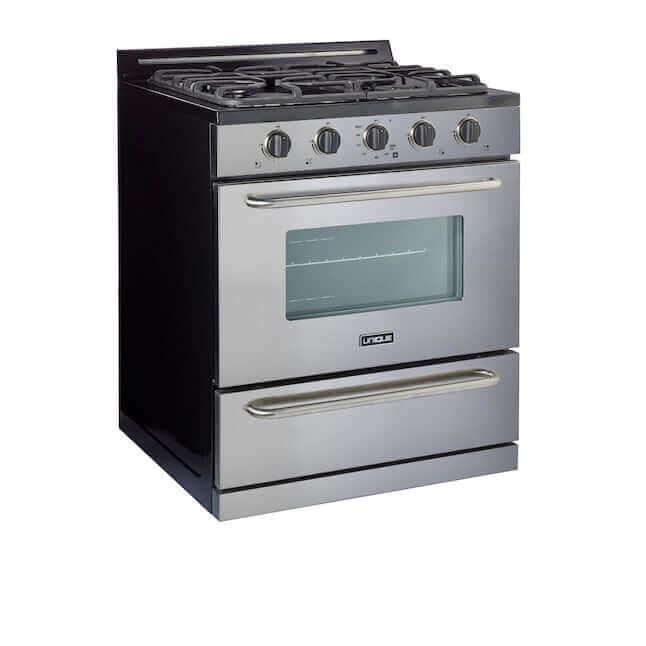 30” stainless steel propane range with sleek design and off-grid battery ignition, featuring cast-iron grates and sealed burners.