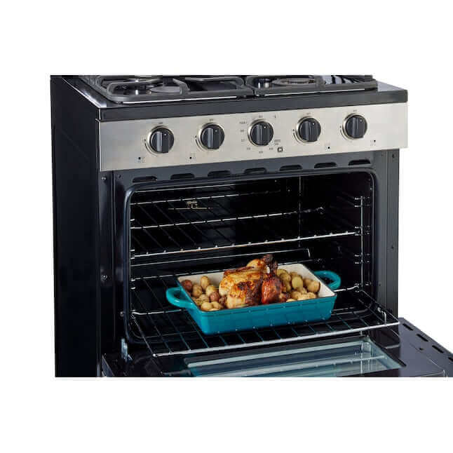 Stainless steel propane range with chicken and potatoes roasting inside, featuring modern design and cast-iron grates.