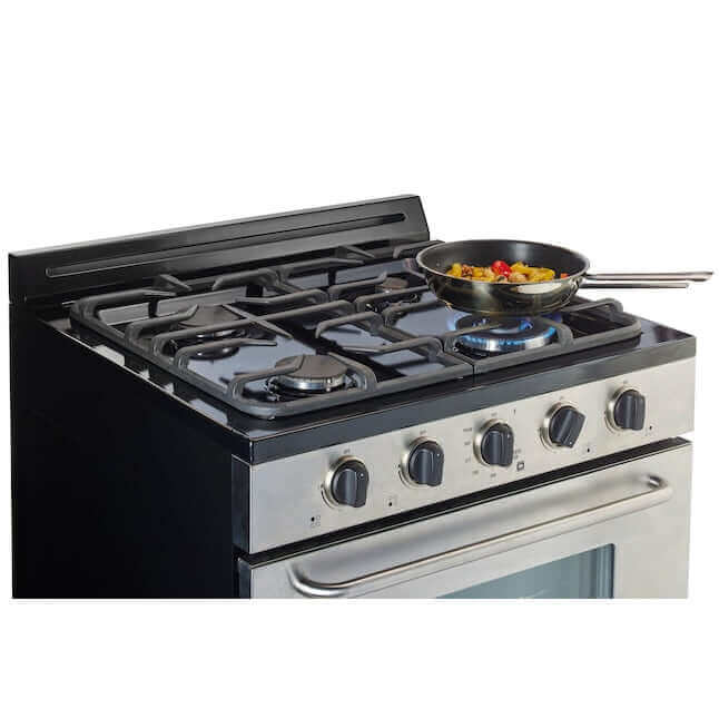 "30-inch stainless steel propane range with cast-iron grates and pan on burner"