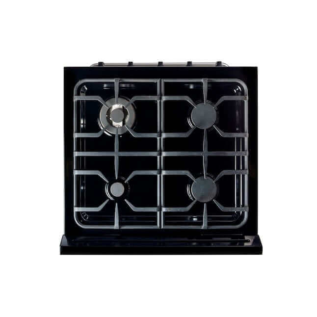 Stainless steel propane range with cast-iron grates, battery ignition, for off-grid kitchens. Modern design, 30-inch size.