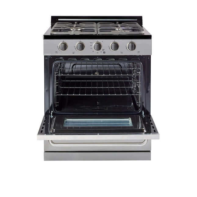 30” Stainless Steel Propane Range with open oven door and cast-iron grates, ideal for off-grid cooking, battery ignition included.