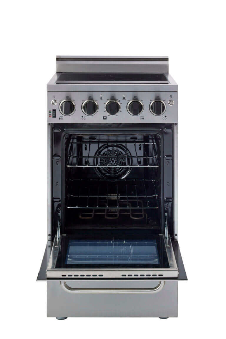 Unique Prestige 20" stainless convection electric range with glass cooktop and open oven door.