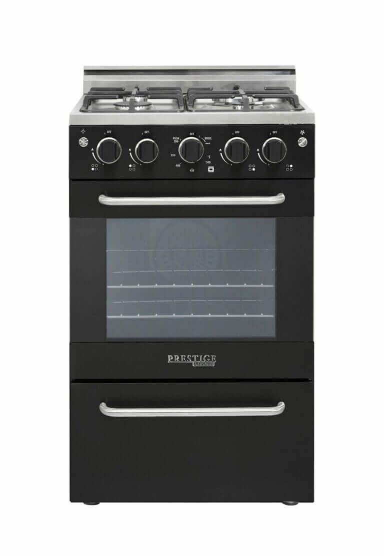 Unique Prestige 20" stainless convection gas range with electronic ignition and cast-iron grates, featuring a modern design.