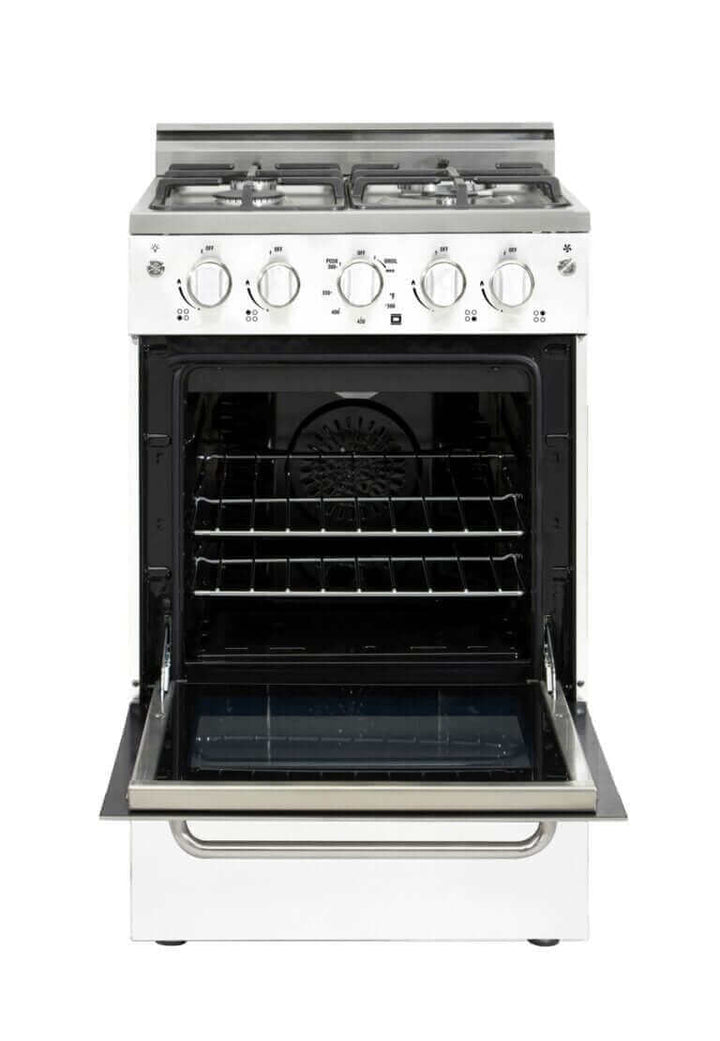 Unique Prestige 20" Convection Gas Range with electronic ignition, compact stainless design, open oven door, cast-iron grates.