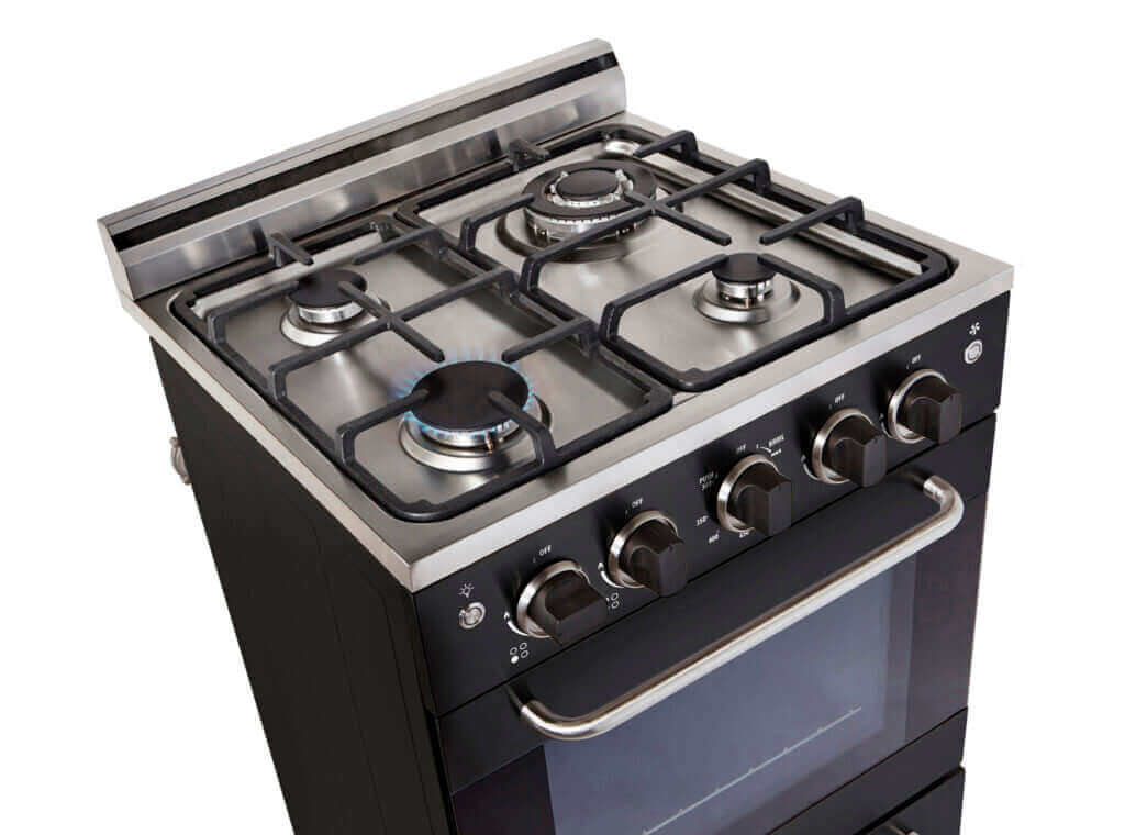 Unique Prestige 20" convection gas range with stainless design, cast-iron grates, and electronic ignition for even cooking.