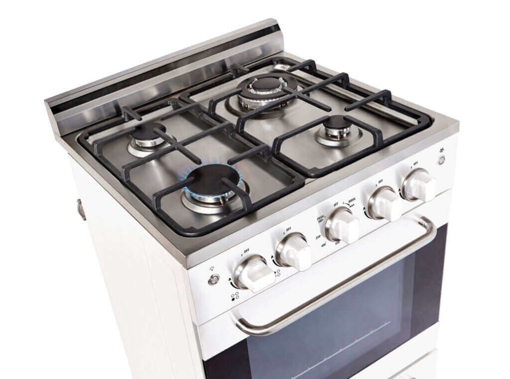 Unique Prestige 20" Convection Gas Range with stainless steel finish and cast-iron grates, featuring electronic ignition.