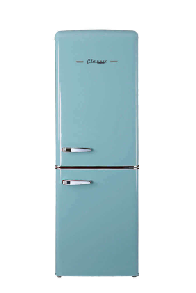 Retro 9 cu/ft bottom mount refrigerator with classic design in teal color.