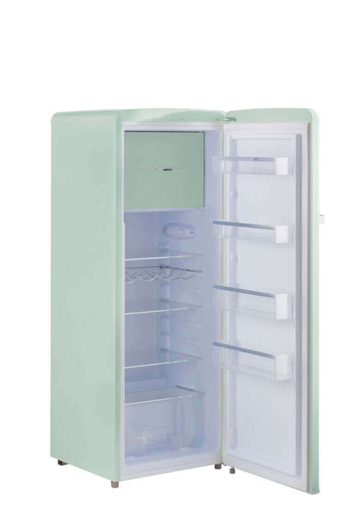 Unique Classic Retro 8 cu. ft. single door refrigerator with freezer in pastel green, open to reveal interior shelves and features.