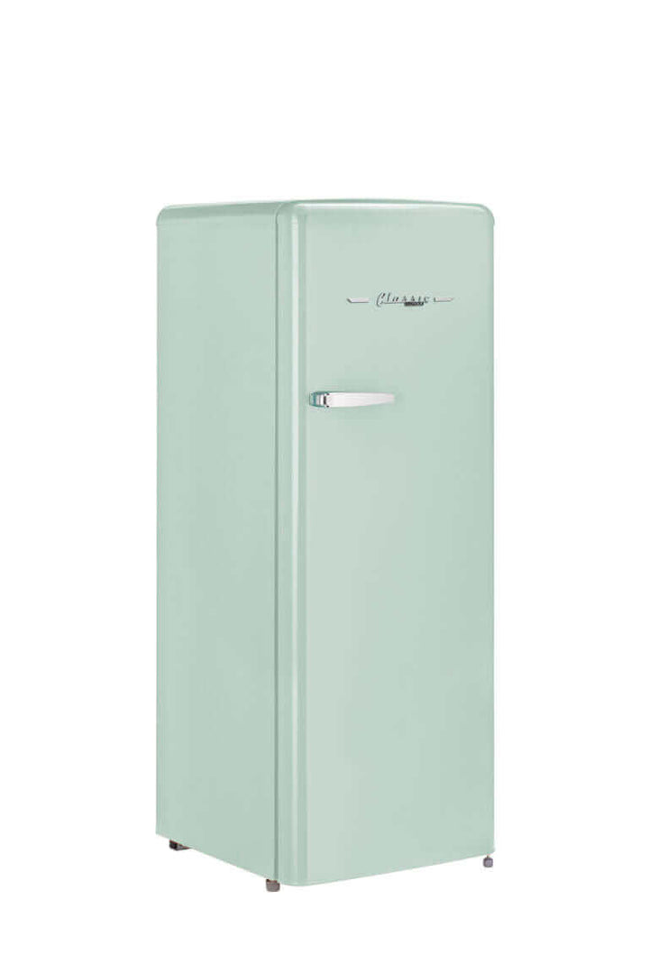 Retro-style 8 cu. ft. refrigerator with chrome handle and built-in freezer in pale green, ENERGY STAR certified for efficiency.