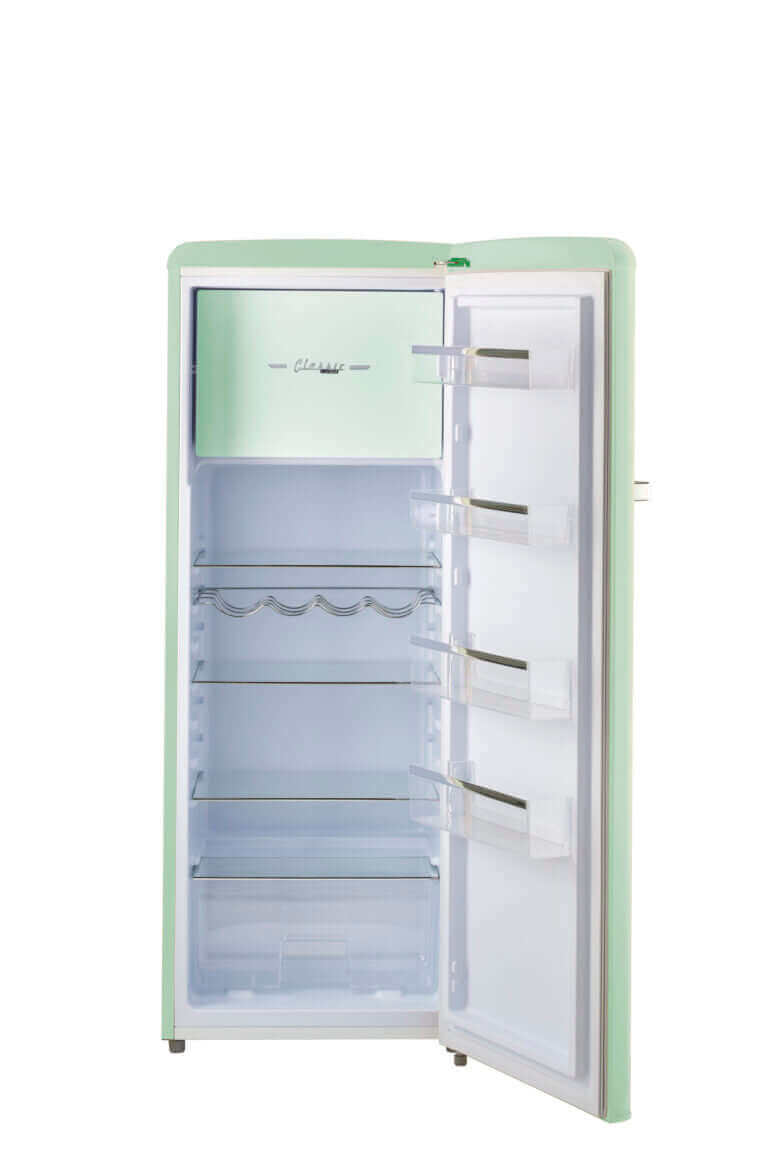 Retro 8 cu. ft. fridge with chrome accents, open door showing spacious interior, built-in freezer, and ENERGY STAR certification.