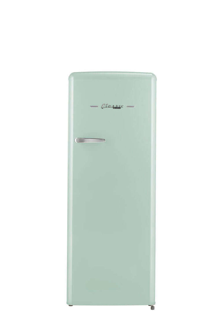 Retro single door refrigerator with chrome accents and built-in freezer, 50's design, 8 cu. ft., ENERGY STAR certified.