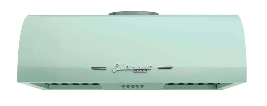 Classic Retro by Unique 24" range hood in 50s design with mint green finish and LED lights.