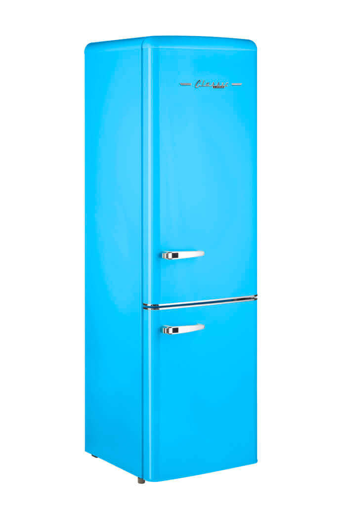 Retro blue bottom mount refrigerator with a vintage design, featuring energy-efficient technology for grid and off-grid use.