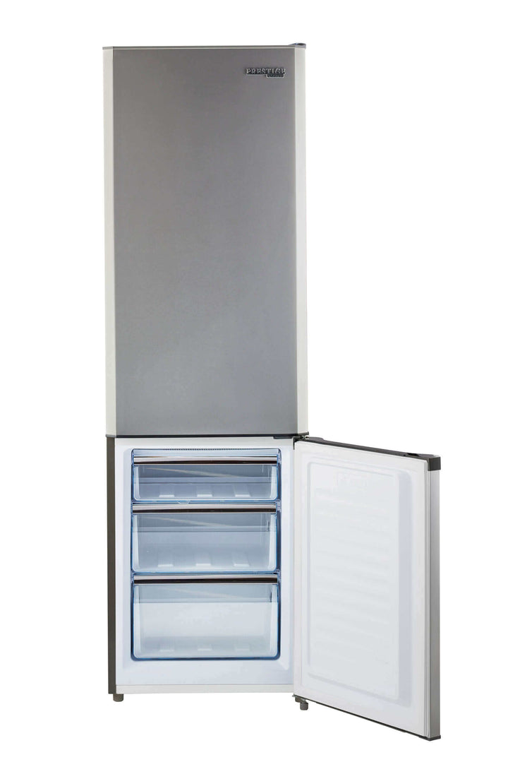 Unique Prestige 9 cu. ft. electric bottom-mount refrigerator with open freezer showing storage drawers, sleek modern design.