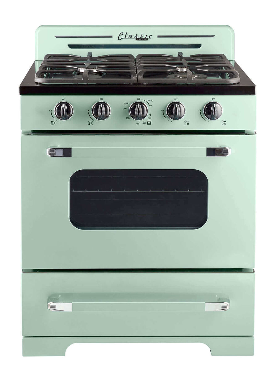 Classic Retro 30” Off-Grid Propane Range in mint green with battery ignition, featuring a vintage 1950s design.