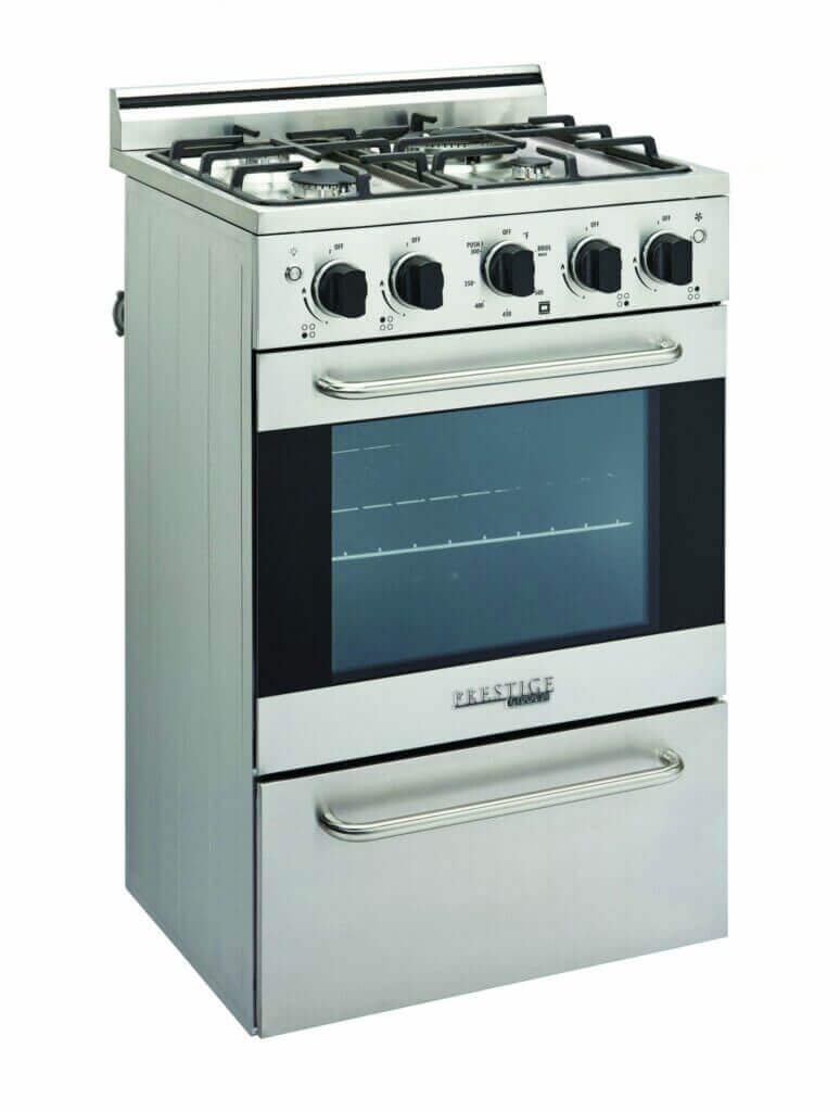 Unique Prestige 20" stainless steel convection gas range with electronic ignition and cast-iron grates.