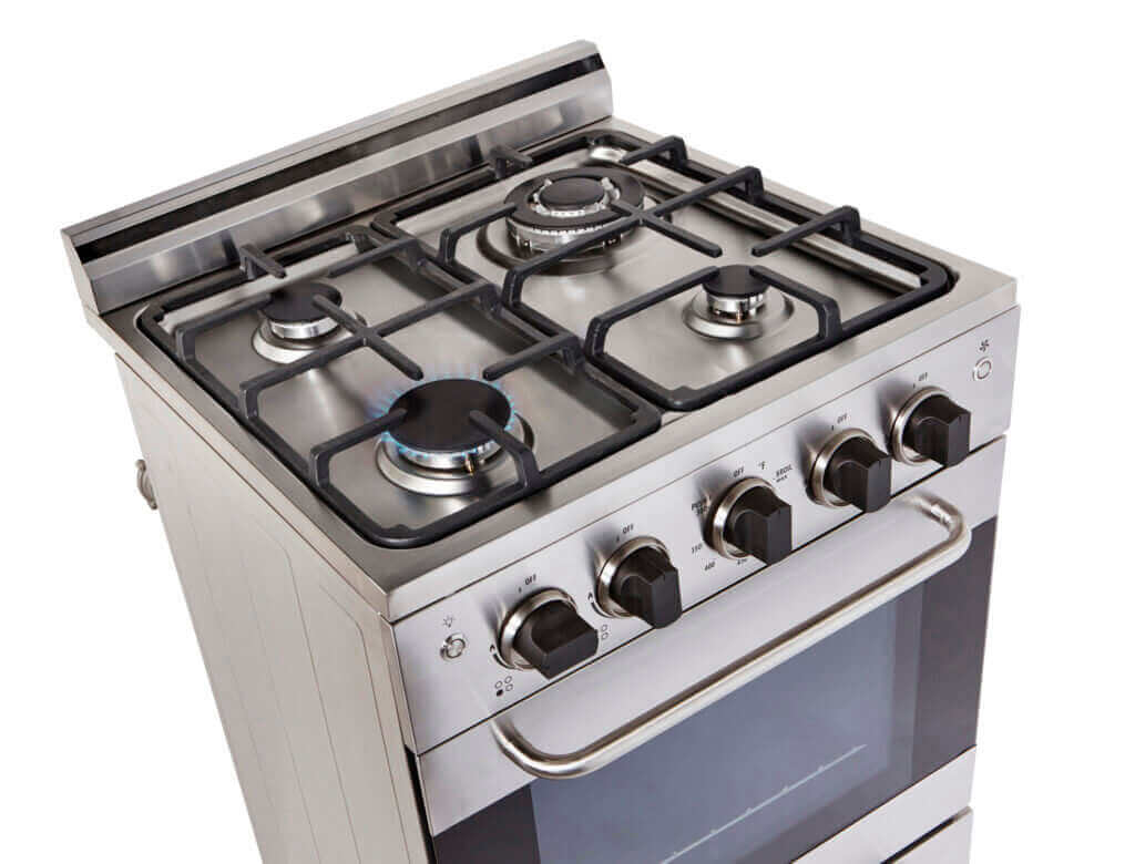 Unique Prestige 20" stainless steel convection gas range with cast-iron grates and electronic ignition.