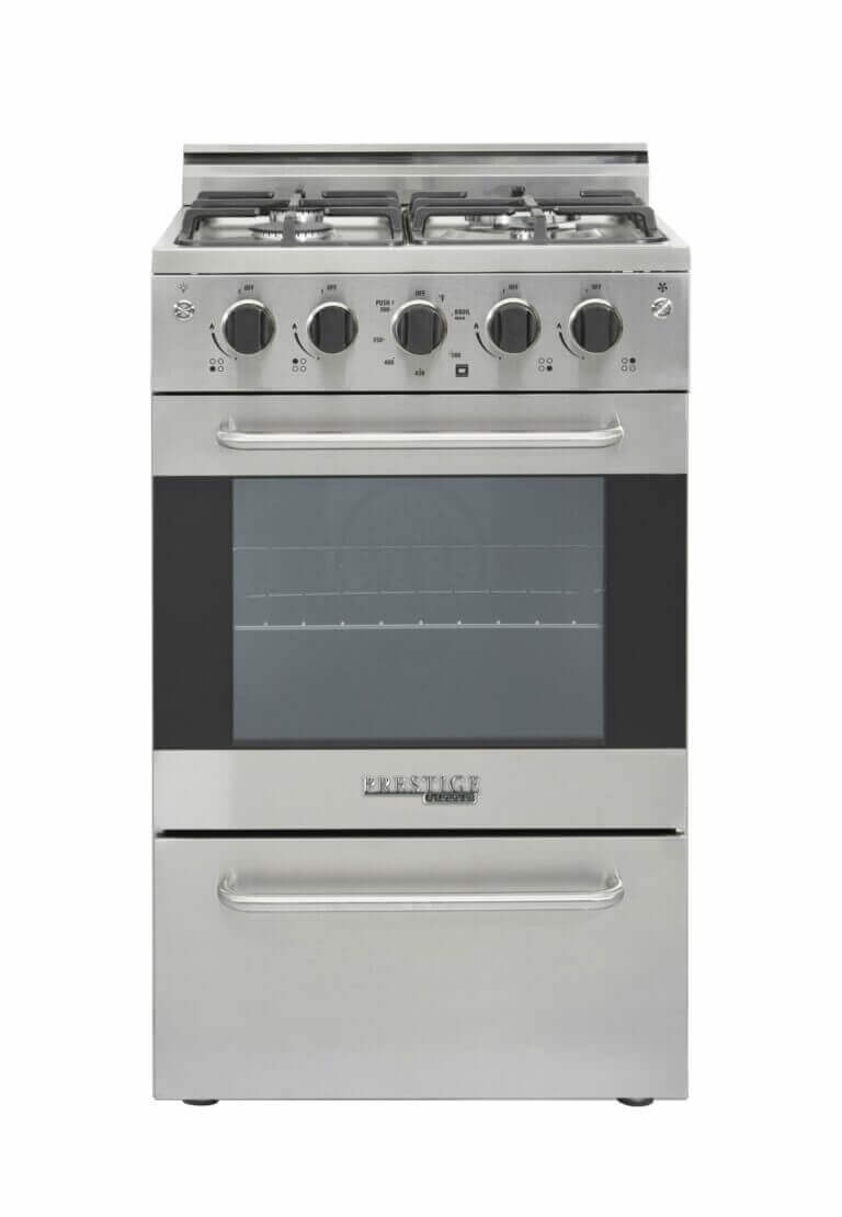 Unique Prestige 20" stainless convection gas range with electronic ignition, featuring cast-iron grates and sealed burners.