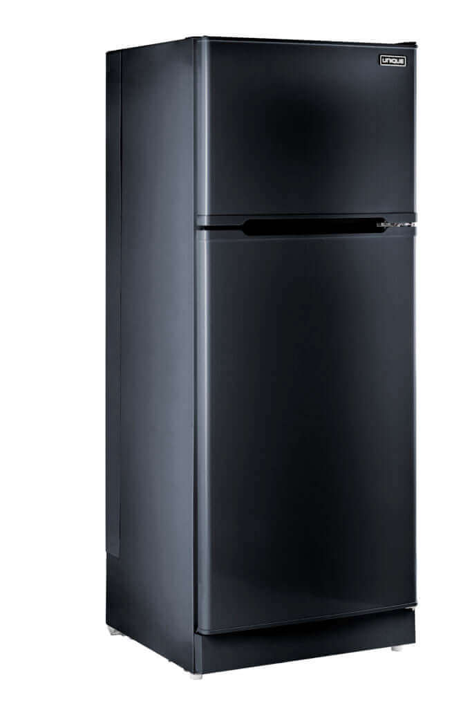 Unique 14 CU/FT Propane Fridge with sleek modern design and ample storage, featuring adjustable glass shelves for flexible organization.