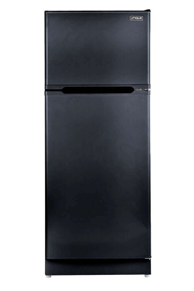 Unique 14 CU/FT Propane Fridge with modern design and ample storage, featuring adjustable glass shelves for family needs.