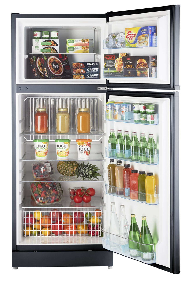 "Unique 14 CU/FT Propane Fridge with open doors showing ample storage space and adjustable glass shelves filled with food and drinks."