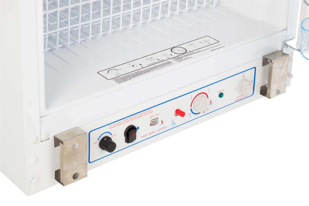 Close-up of Unique 14 CU/FT Propane Fridge controls, showcasing adjustable settings and sleek design.