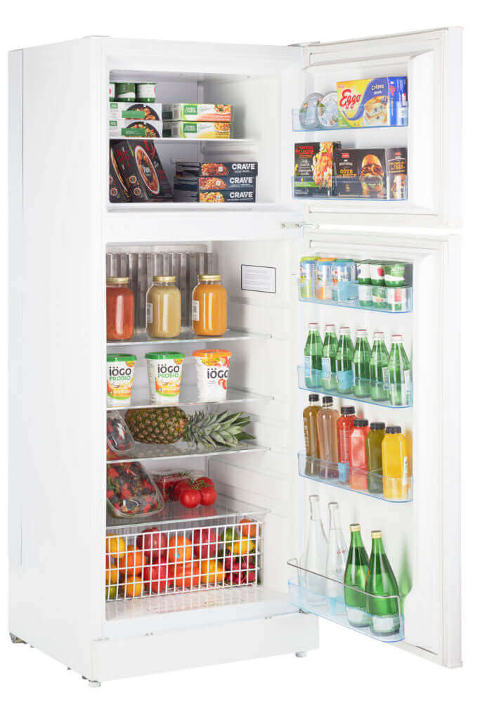 Unique 14 CU/FT propane fridge with adjustable glass shelves, modern design, and spacious storage for family use.