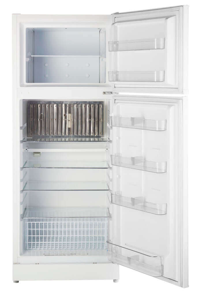 Open Unique 14 CU/FT Propane Fridge showing spacious interior with adjustable glass shelves and freezer compartment.