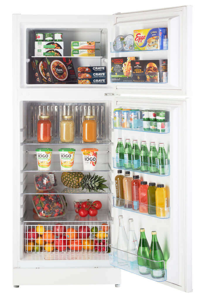 Spacious Unique 14 CU/FT Propane Fridge with open doors showing organized food storage on adjustable glass shelves.