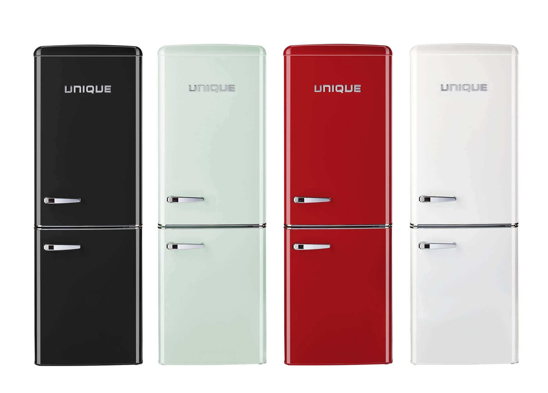 Unique Retro AC Bottom Mount Refrigerators in black, mint green, red, and white colors.