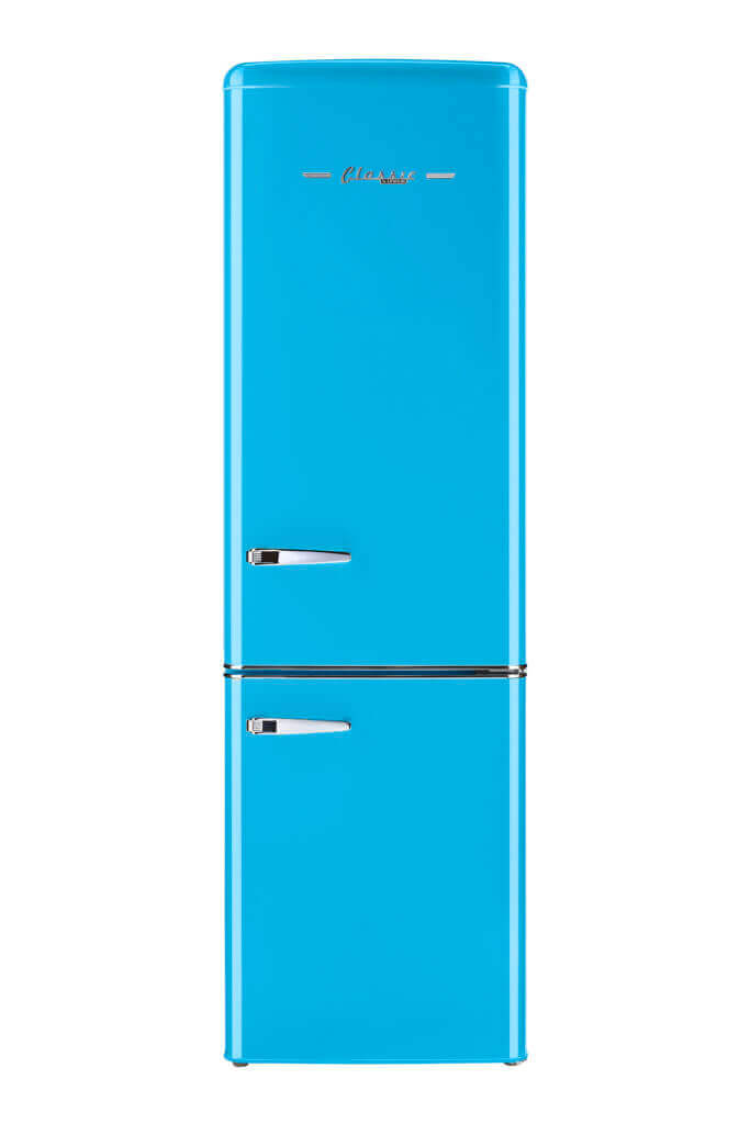 Retro blue bottom mount refrigerator with a sleek design and chrome accents