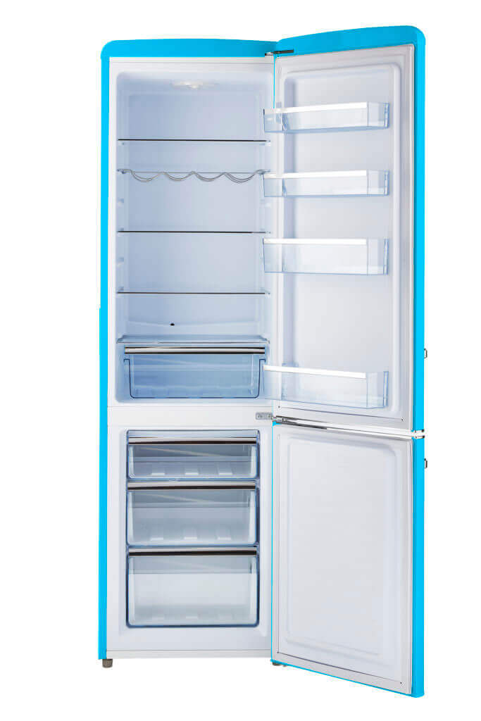 Blue retro bottom mount refrigerator with open door showing shelves and compartments, 9 cu/ft capacity, ideal for grid-tied homes.