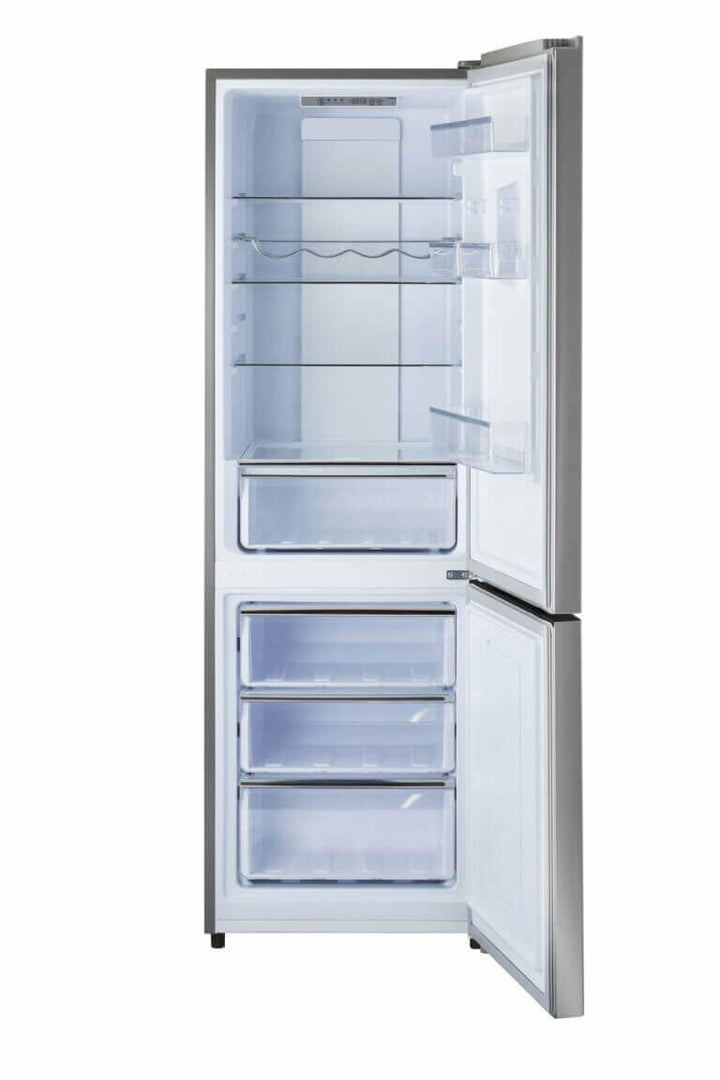 Unique Prestige 12 cu. ft. electric bottom-mount refrigerator with open doors showing interior shelving and freezer drawers.