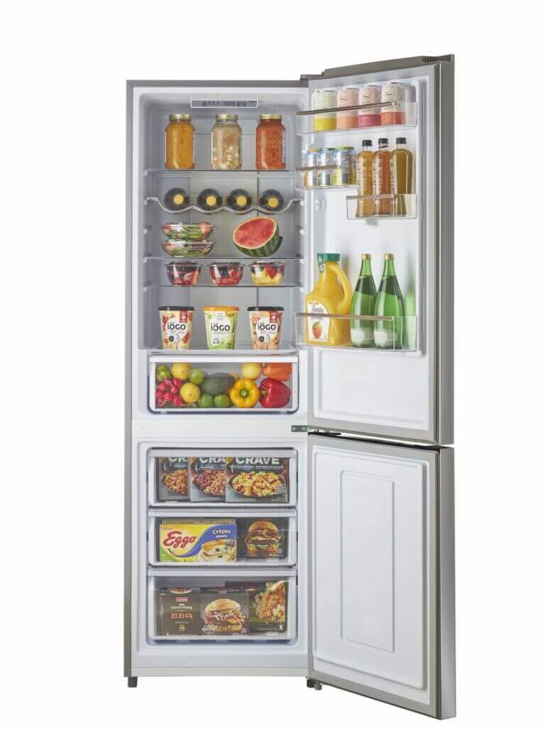 Modern 12 cu. ft. electric bottom-mount refrigerator with open doors showing organized shelves and ample freezer space.