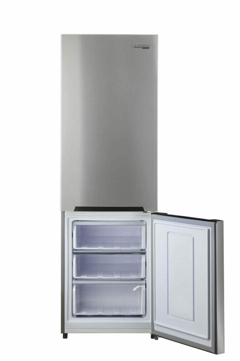 Unique Prestige 12 cu. ft. electric bottom-mount refrigerator with open freezer compartment, sleek modern design.