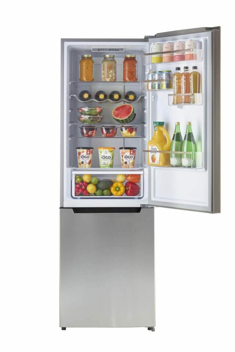 Unique Prestige 12 cu. ft. electric bottom-mount refrigerator with open door displaying organized food and drinks inside.