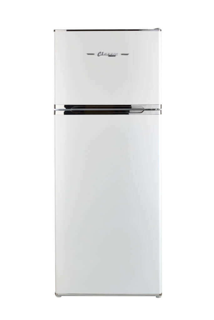 Classic Retro 14.0 cu/ft Solar/DC Fridge with mid-century modern design and chrome accents, ideal for off-grid living.