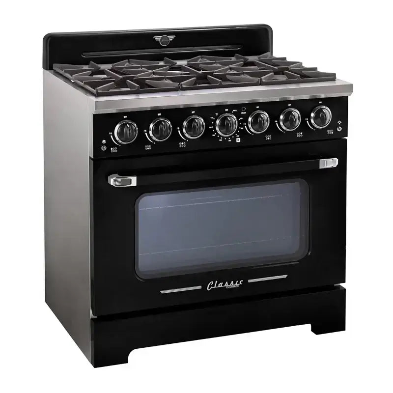 Unique Classic Retro 36-inch Pro Convection Gas Range with chrome accents and zinc cast handles in vintage black design.