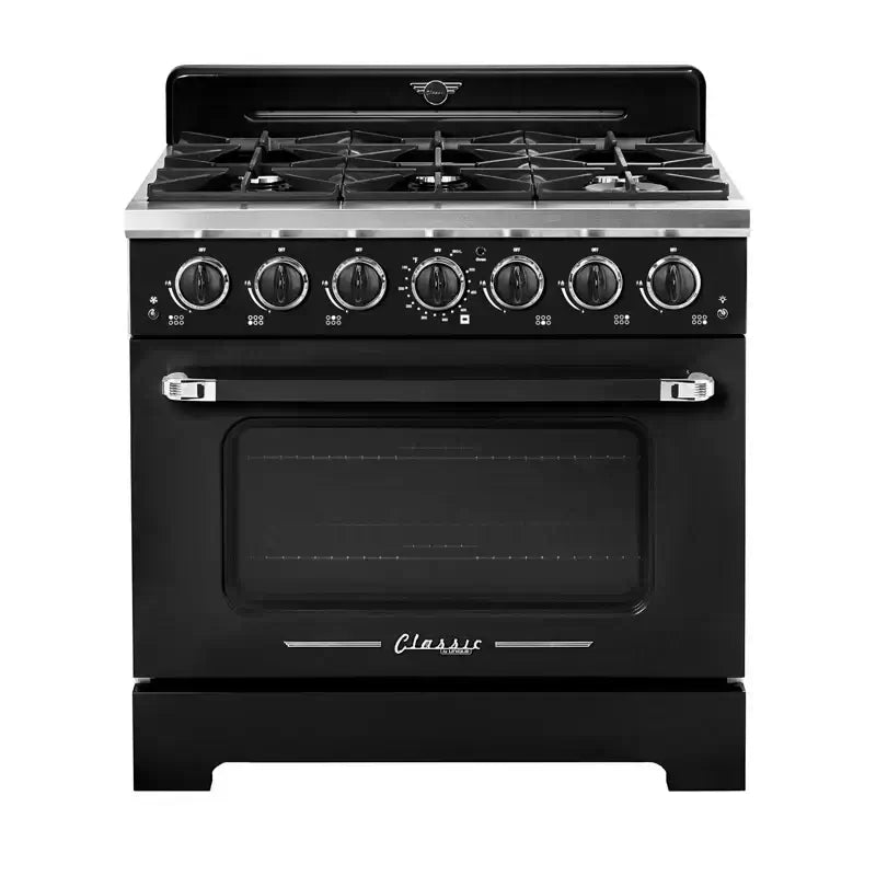 Unique Classic Retro 36-inch Pro Convection Gas Range with electronic ignition and chrome accents in black.