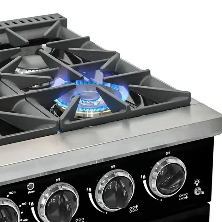 Classic Retro 36” Pro Convection Gas Range with lit burners and chrome-finished knobs, highlighting retro design.