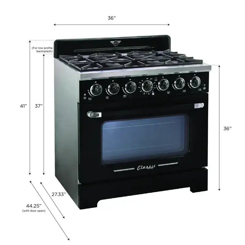 Unique Classic Retro 36” Pro Convection Gas Range with chrome accents and electronic ignition, showcasing iconic 1950s design.