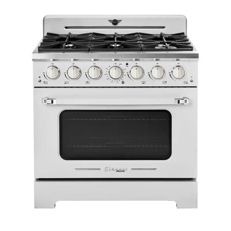 Unique Classic Retro 36” Pro Convection Gas Range with chrome accents and zinc cast handles, retro kitchen appliance.