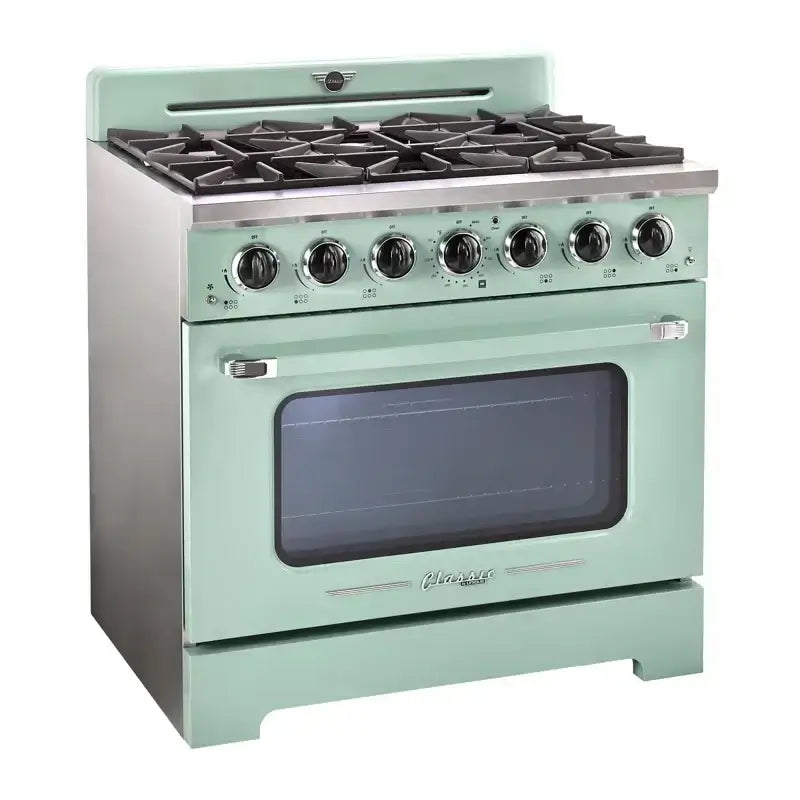 Classic Retro 36" Pro Convection Gas Range with chrome accents and electronic ignition in mint green transports you back to the ‘50s.