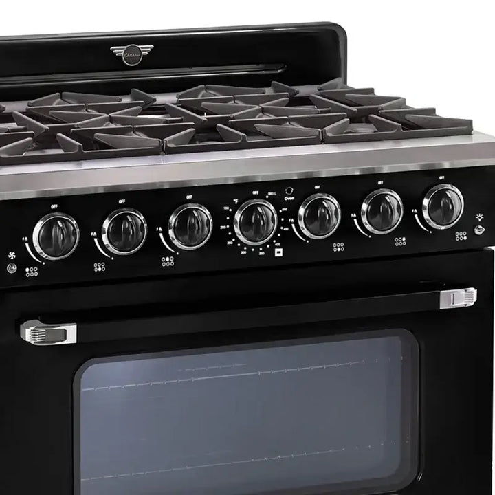 Retro-style 36" gas range with chrome accents and convection oven for even cooking, featuring zinc cast handles and classic design.