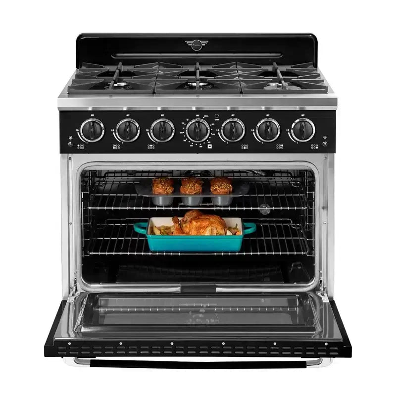 Unique Classic Retro 36” Pro Convection Gas Range with roast chicken, featuring retro design and chrome accents.